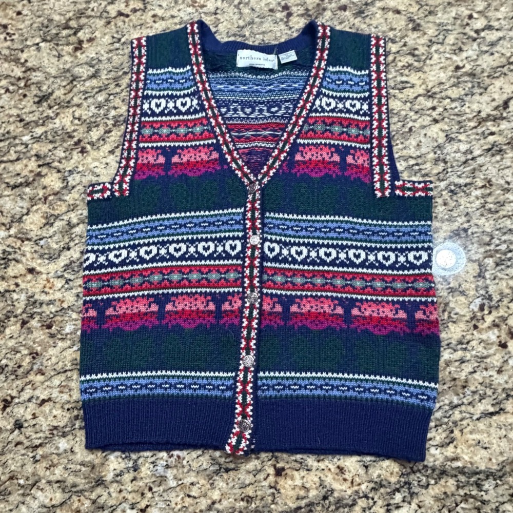Northern Isles Vintage Fair Isle Sweater Vest Navy Blue Heart Tree Knit Large